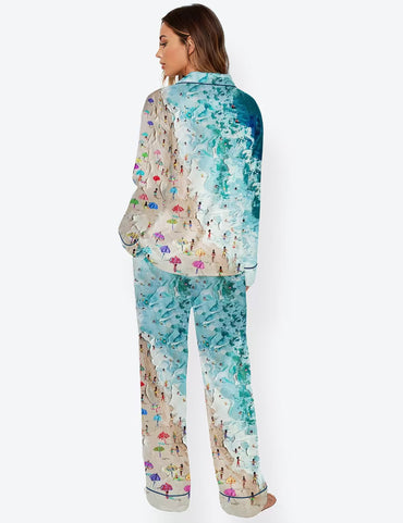 Women’s Beach Swimming Travel Vacation Long Sleeve Satin Pajama Set
