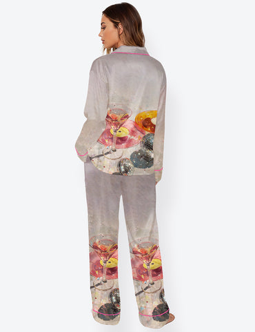 Women’s Martini & Disco Ball Light Pink Long Sleeve Satin Pajama Set