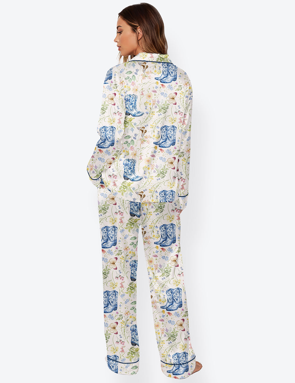 Women’s Western Cowboy Boots And Flowers Long Sleeve Satin Pajama Set