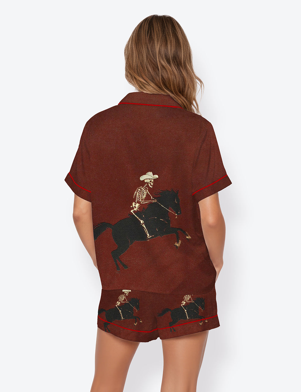 Women’s Skeleton Cowboy Bucking Bronco Western Rodeo Short Sleeve Satin Pajama Set
