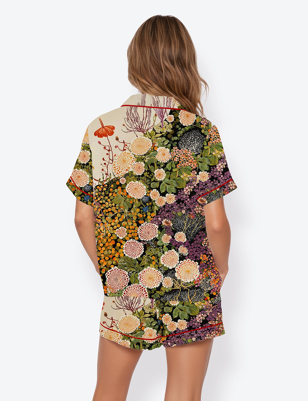 Women’s Wildflower Yayoi Kusama Inspired Botanical Floral Short Sleeve Satin Pajama Set