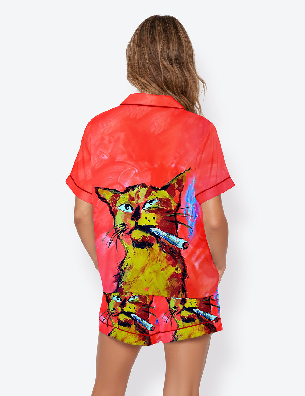 Women’s Smoking Cat Short Sleeve Satin Pajama Set