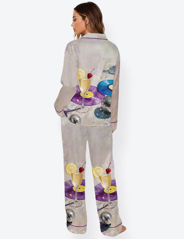 Women’s Champagne & Disco Ball Cocktail Martini Long Sleeve Satin Pajama Set