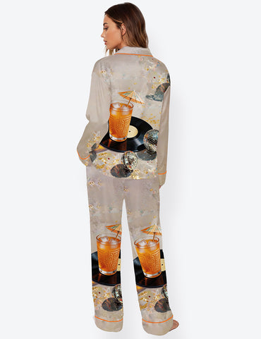 Women’s Whisky & Disco Ball Cocktail Martini Champagne Wine Lover Long Sleeve Satin Pajama Set