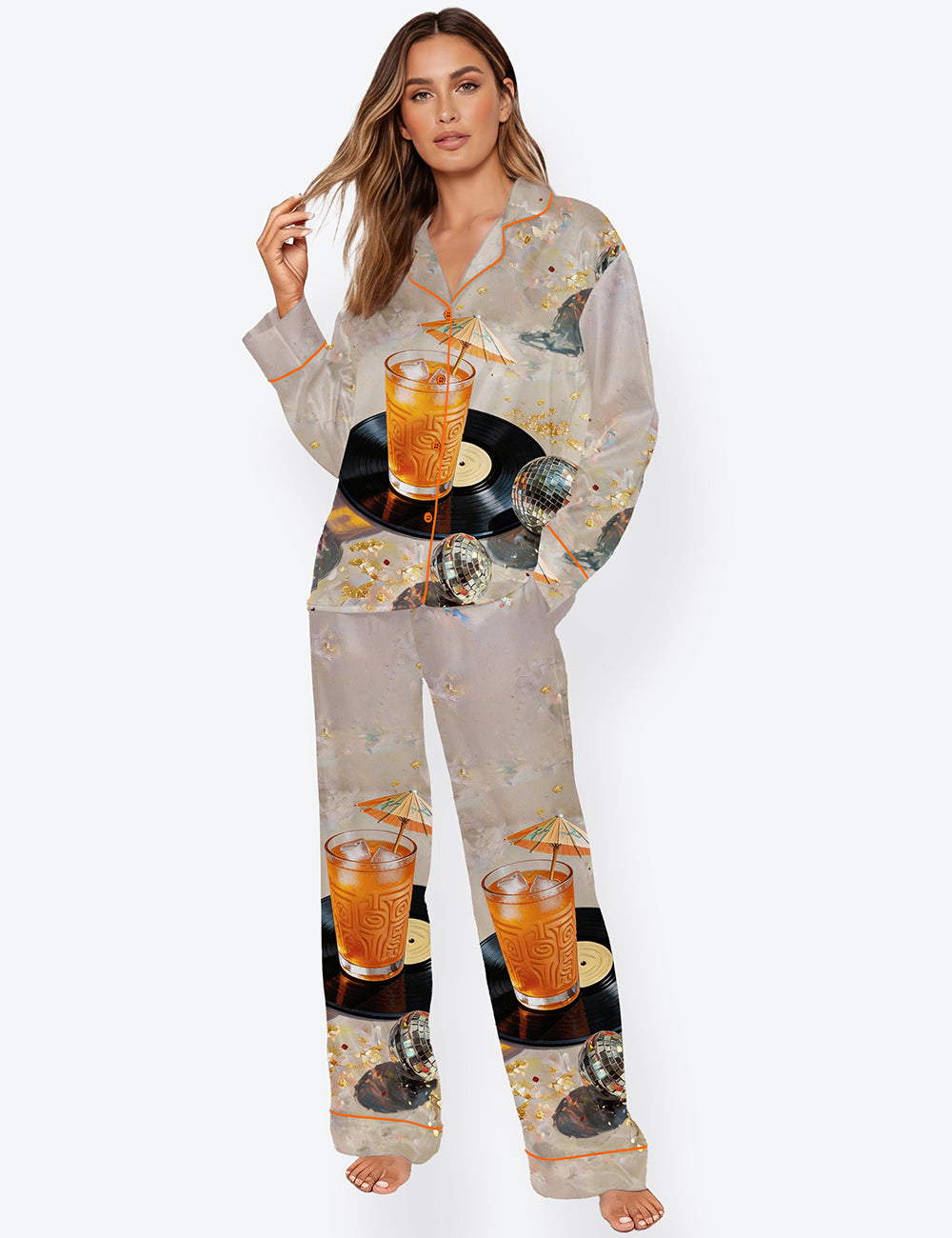 Women’s Whisky & Disco Ball Cocktail Martini Champagne Wine Lover Long Sleeve Satin Pajama Set