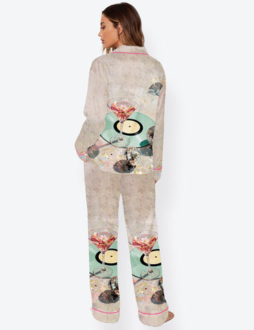 Women’s Martini & Disco Ball Whisky Champagne Wine Lover Long Sleeve Satin Pajama Set