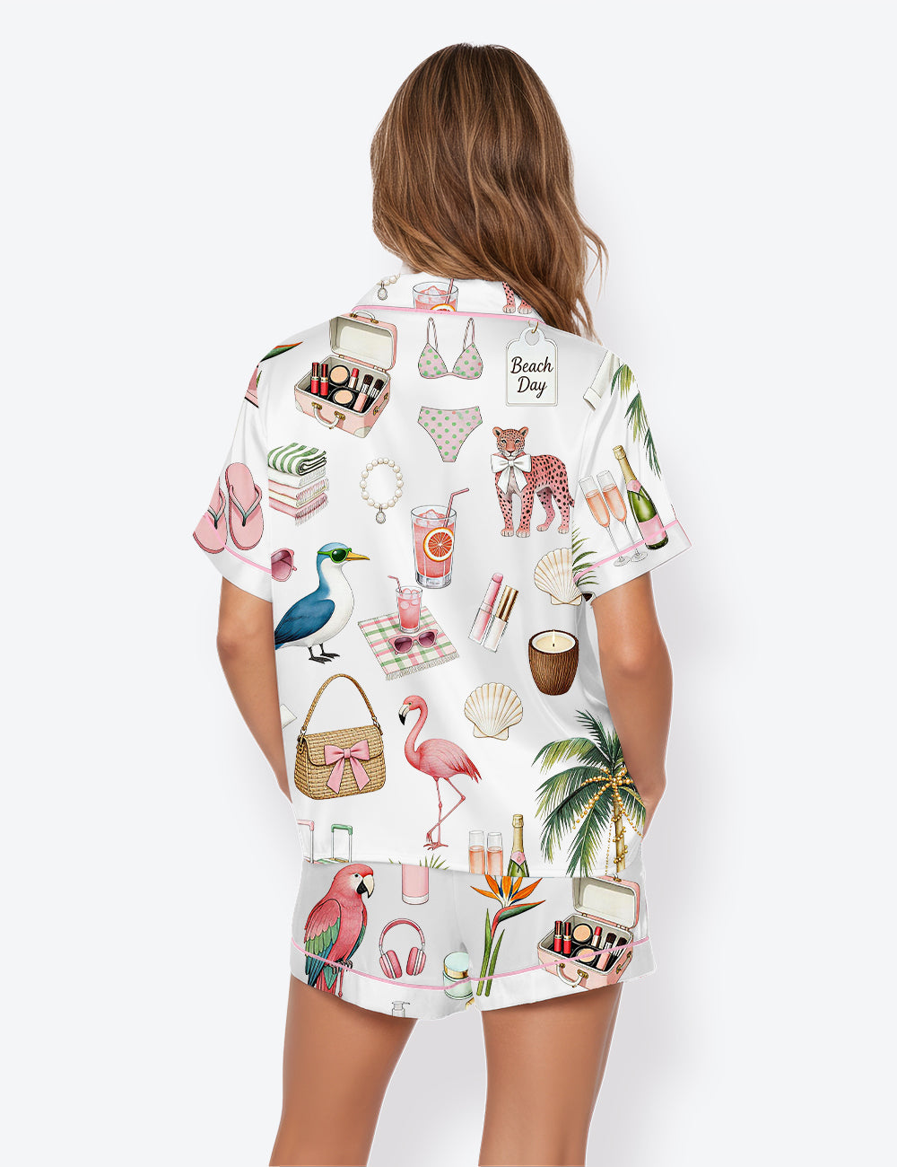 Women’s Watercolor Palm Club Summer Miami Beach Vacation Short Sleeve Satin Pajama Set