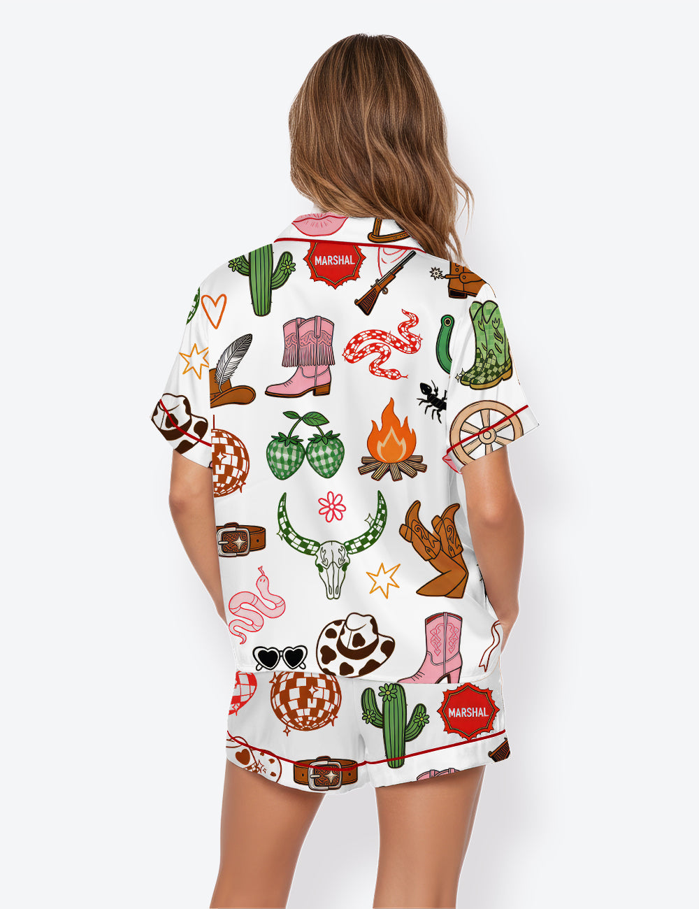 Women’s Western Cowgirl Bachelorette Hand-Drawn Wild West Disco Short Sleeve Satin Pajama Set