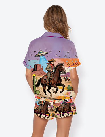 Women’s Western Pop Cowboy Horse Short Sleeve Satin Pajama Set