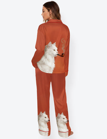 Women’s Vintage White Cat Smoking Cat Long Sleeve Satin Pajama Set