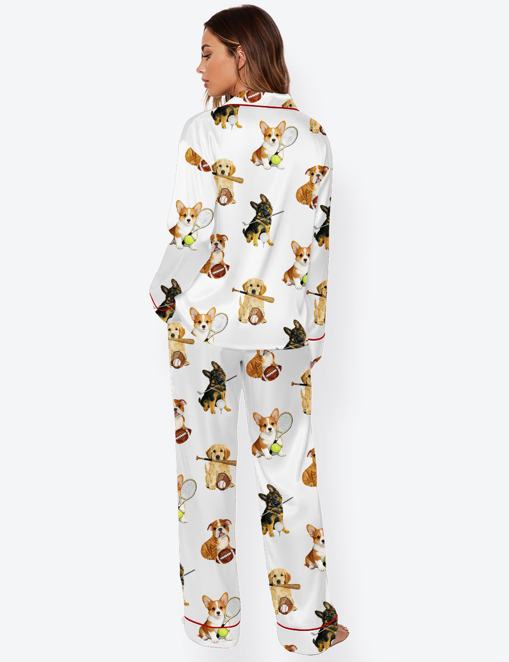 Women’s Puppy Sports Dog Long Sleeve Satin Pajama Set