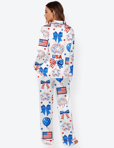 Women’s 4th Of July Bow Red And White Blue 250th Anniversary Long Sleeve Satin Pajama Set