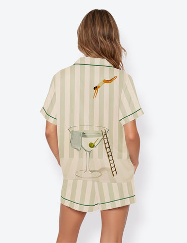 Women’s Martini Diver Modern Cocktail Short Sleeve Satin Pajama Set