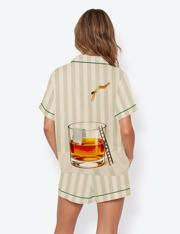 Women’s Martini Whisky Diver Modern Cocktail Short Sleeve Satin Pajama Set