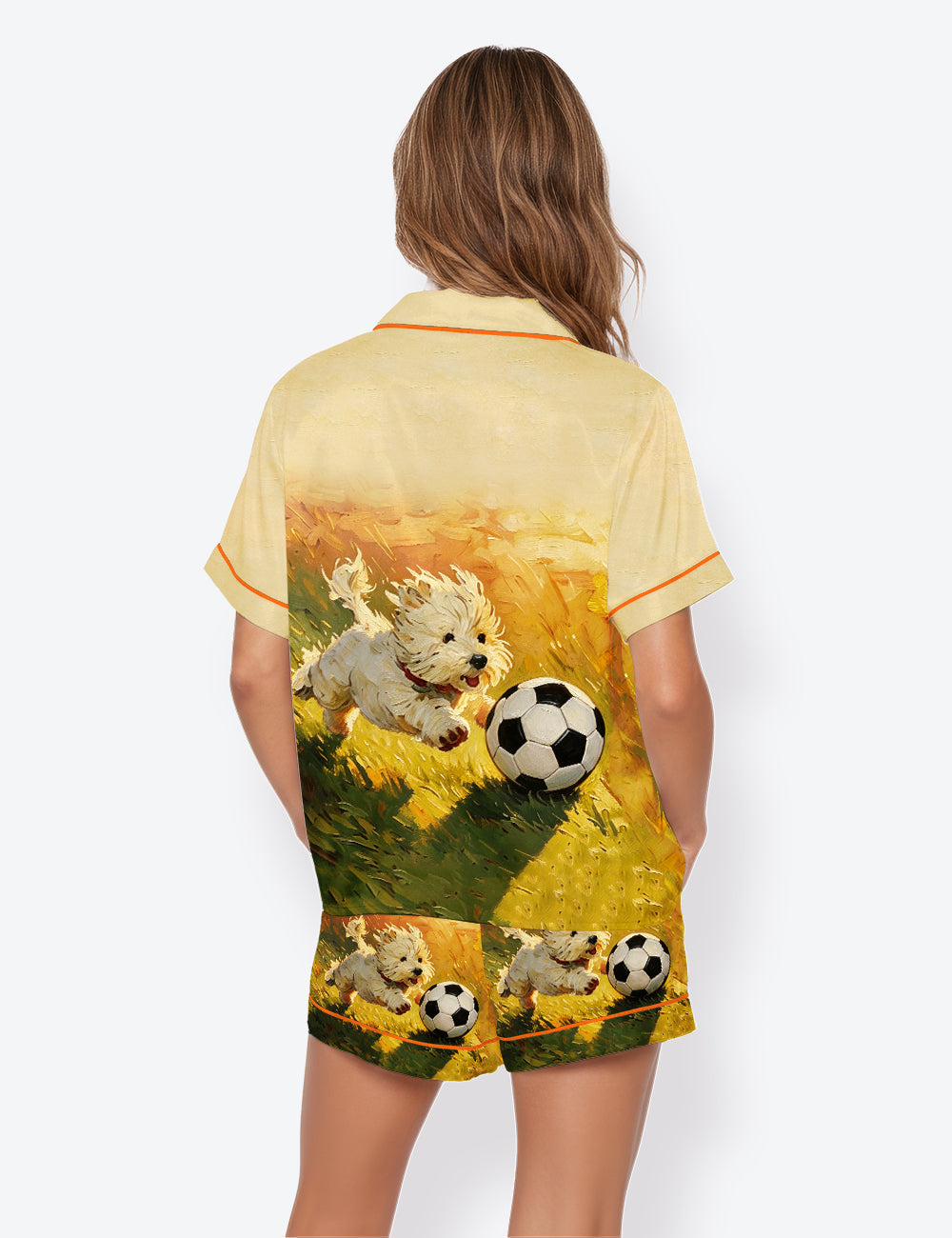 Women’s A White Dog Chasing Soccer On The Grass 2026 Football Tournament Short Sleeve Satin Pajama Set