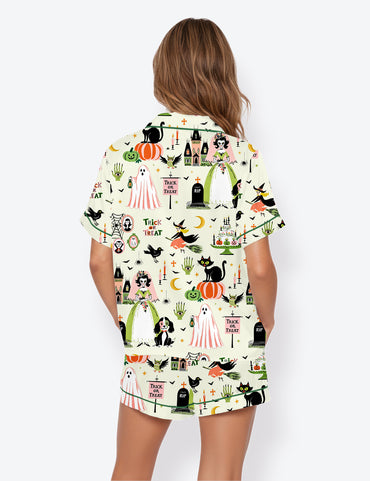 Women’s Retro Spooky Halloween Witch Ghost Skeleton Pumpkin Short Sleeve Satin Pajama Set