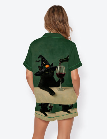 Women’s Halloween Black Cat With Red Wine Short Sleeve Satin Pajama Set