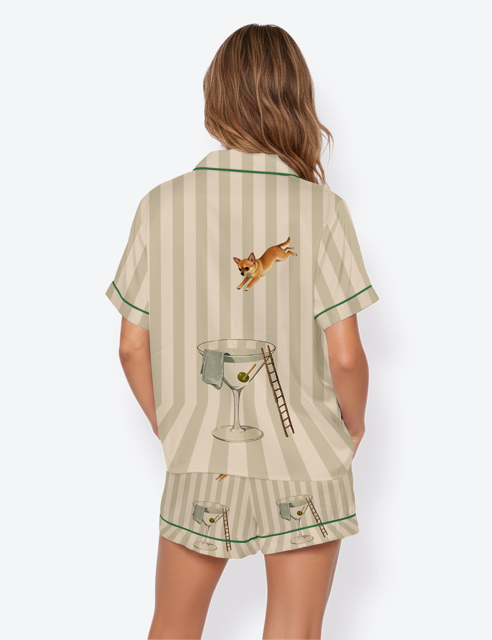 Women’s Chihuahua Martini Diver Modern Cocktail Short Sleeve Satin Pajama Set