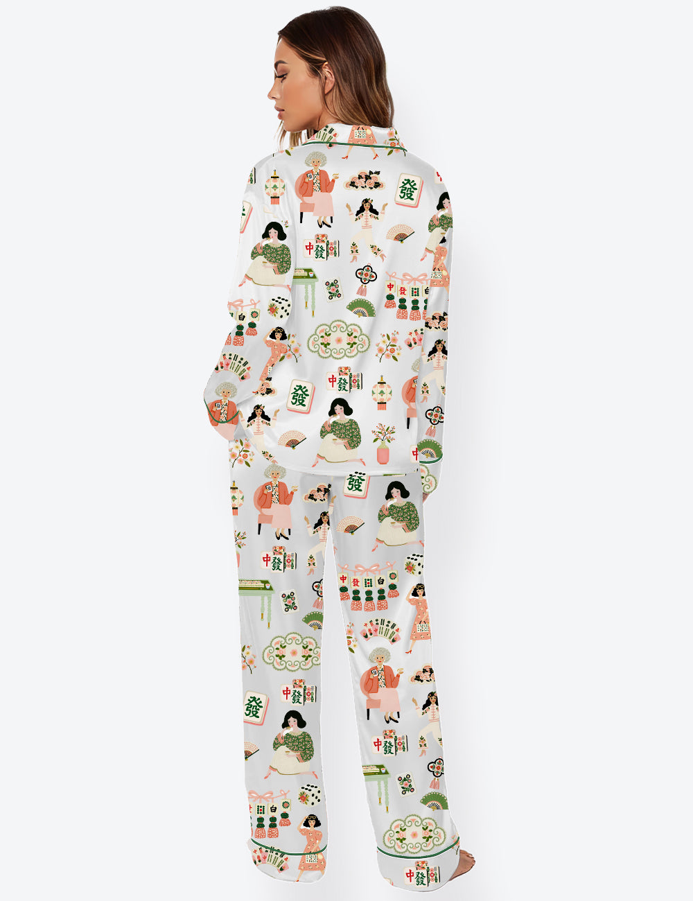 Women’s Retro Mahjong Party Long Sleeve Satin Pajama Set