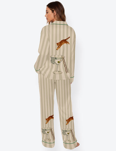 Women’s Orange Tabby Cat Martini Diver Modern Cocktail Long Sleeve Satin Pajama Set