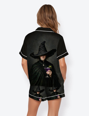 Women’s Halloween Witch With Cocktail Short Sleeve Satin Pajama Set