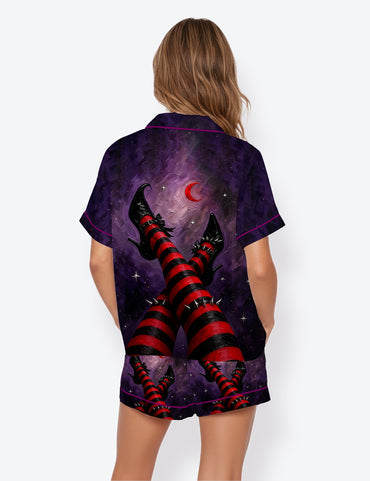 Women’s Halloween Witch Legs Black & Cream Striped Stockings Spooky Short Sleeve Satin Pajama Set
