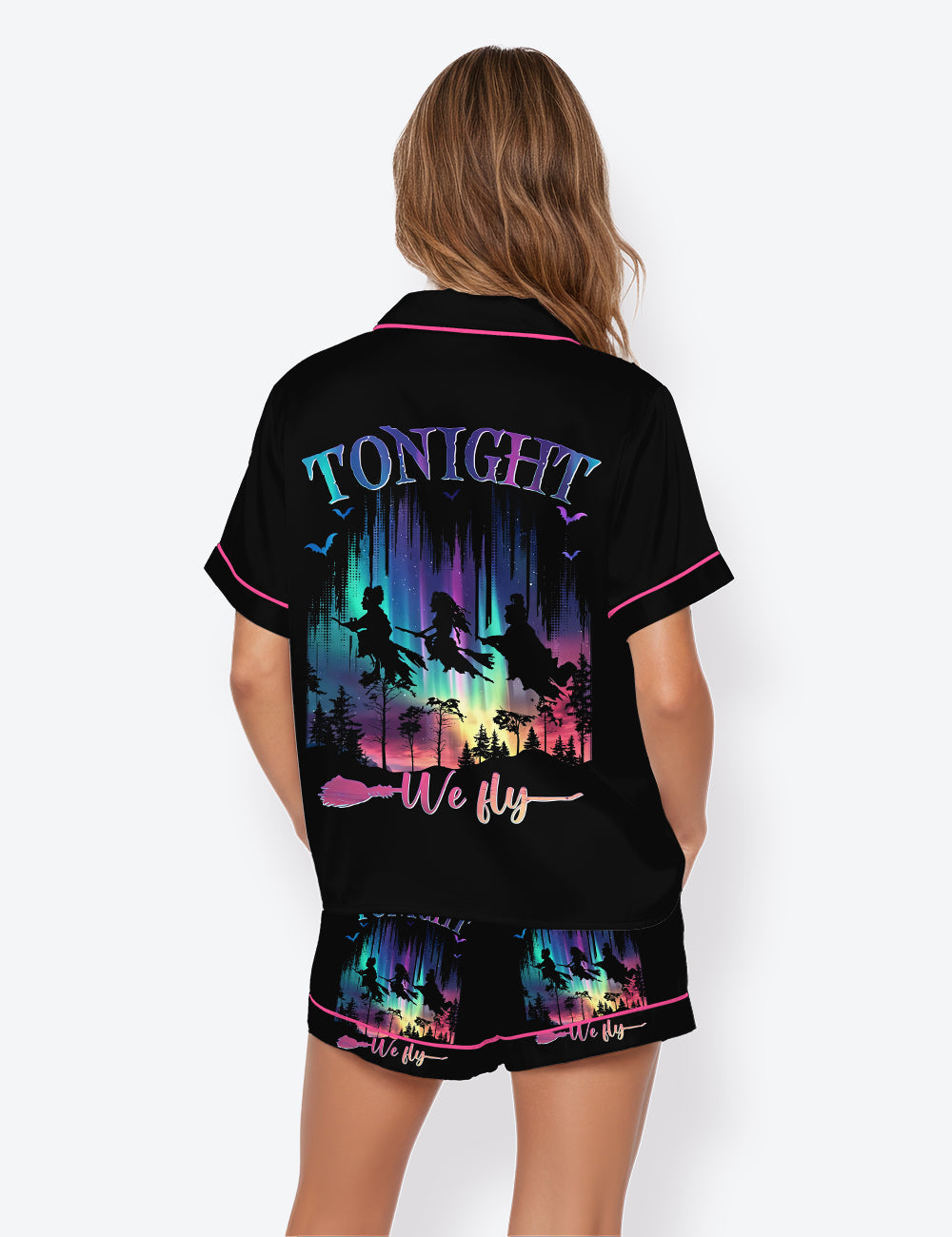 Women’s Neon Halloween Witches Bad Witches Vibes Short Sleeve Satin Pajama Set