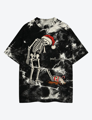Skeleton Christmas Well Sh*t Dark Humor Santa Skeleton Spilled Coffee Unisex Cotton Handmade Tie-Dye T-Shirt