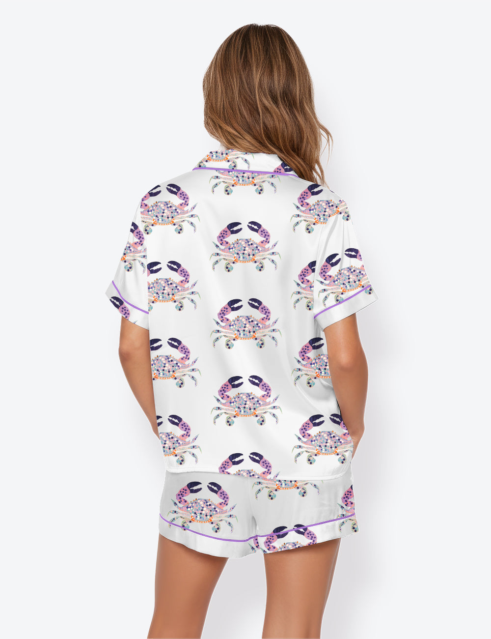 Women’s Coastal Beach House Colorful Crab Short Sleeve Satin Pajama Set