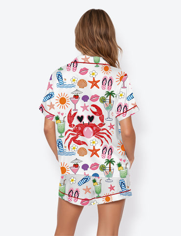 Women’s Crab Blowing Bubble Beach Vibes Nautical Summer Vacation Short Sleeve Satin Pajama Set