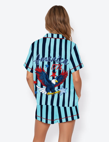 Women’s USA 4th Of July 250th Anniversary America Eagle Short Sleeve Satin Pajama Set