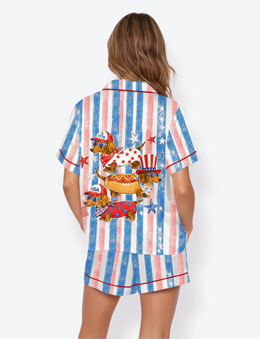 Women’s Striped Patriotic Dachshund 4th Of July Weiner Dog 250th Anniversary Short Sleeve Satin Pajama Set