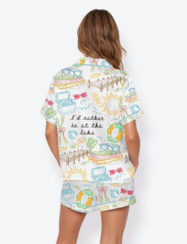 Women’s I'd Rather Be At The Lake Boatin And Floatin River Short Sleeve Satin Pajama Set