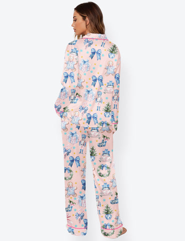 Women's Coquette Chinoiserie Christmas Long Sleeve Satin Pajama Set