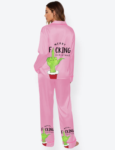 Women's Merry Grinch Pink Christmas Long Sleeve Satin Pajama Set