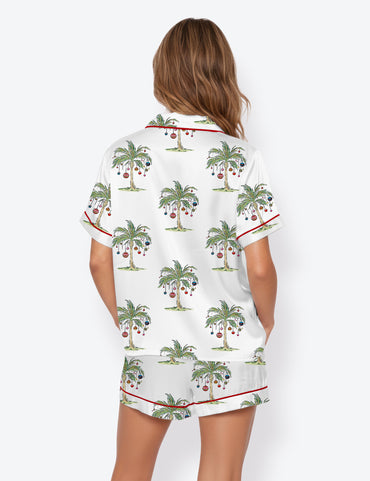 Women's Tropical Christmas Aloha Holiday Beach Santa In July Hawaiian Short Sleeve Satin Pajama Set