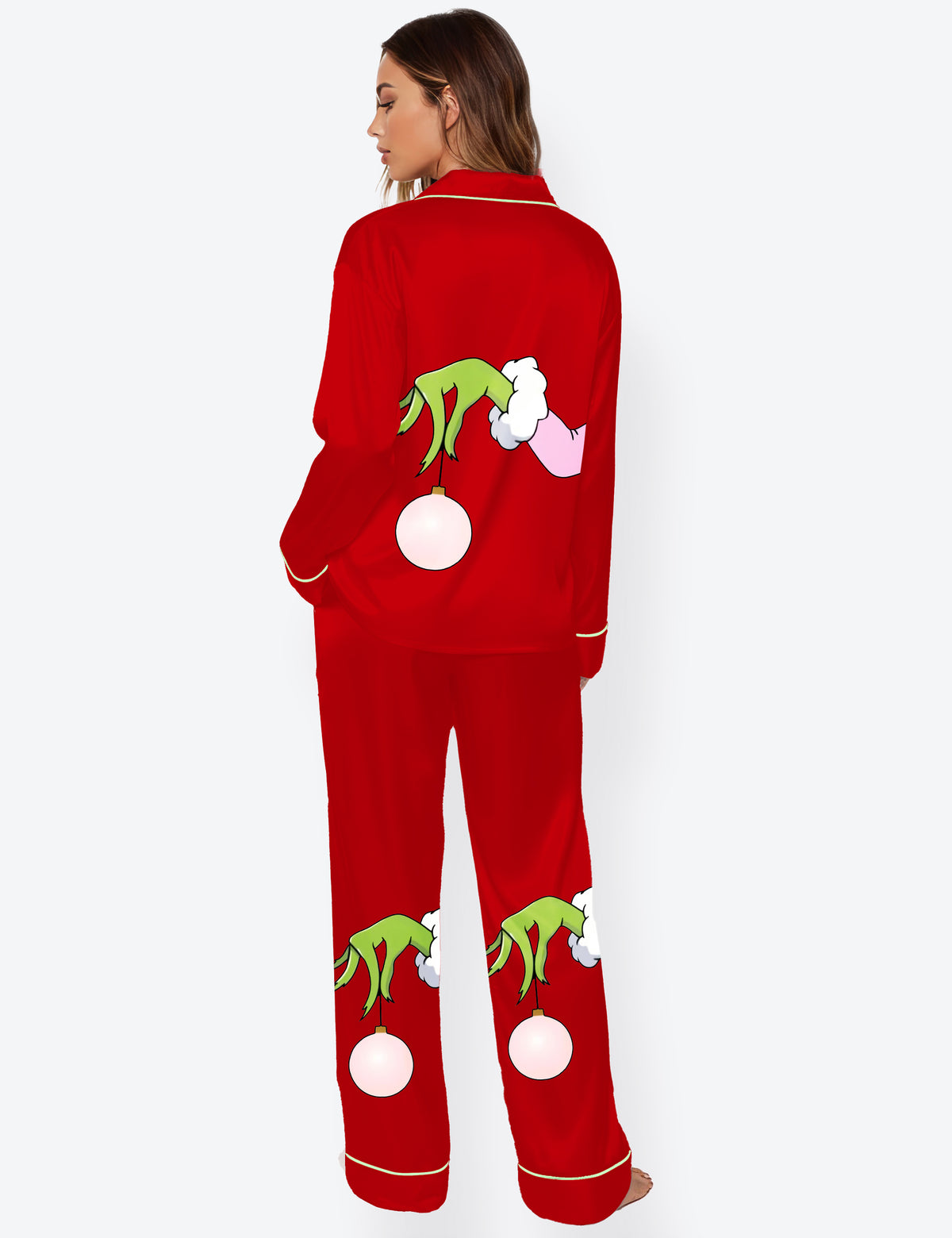 Women's Pink Christmas Grinch Long Sleeve Satin Pajama Set