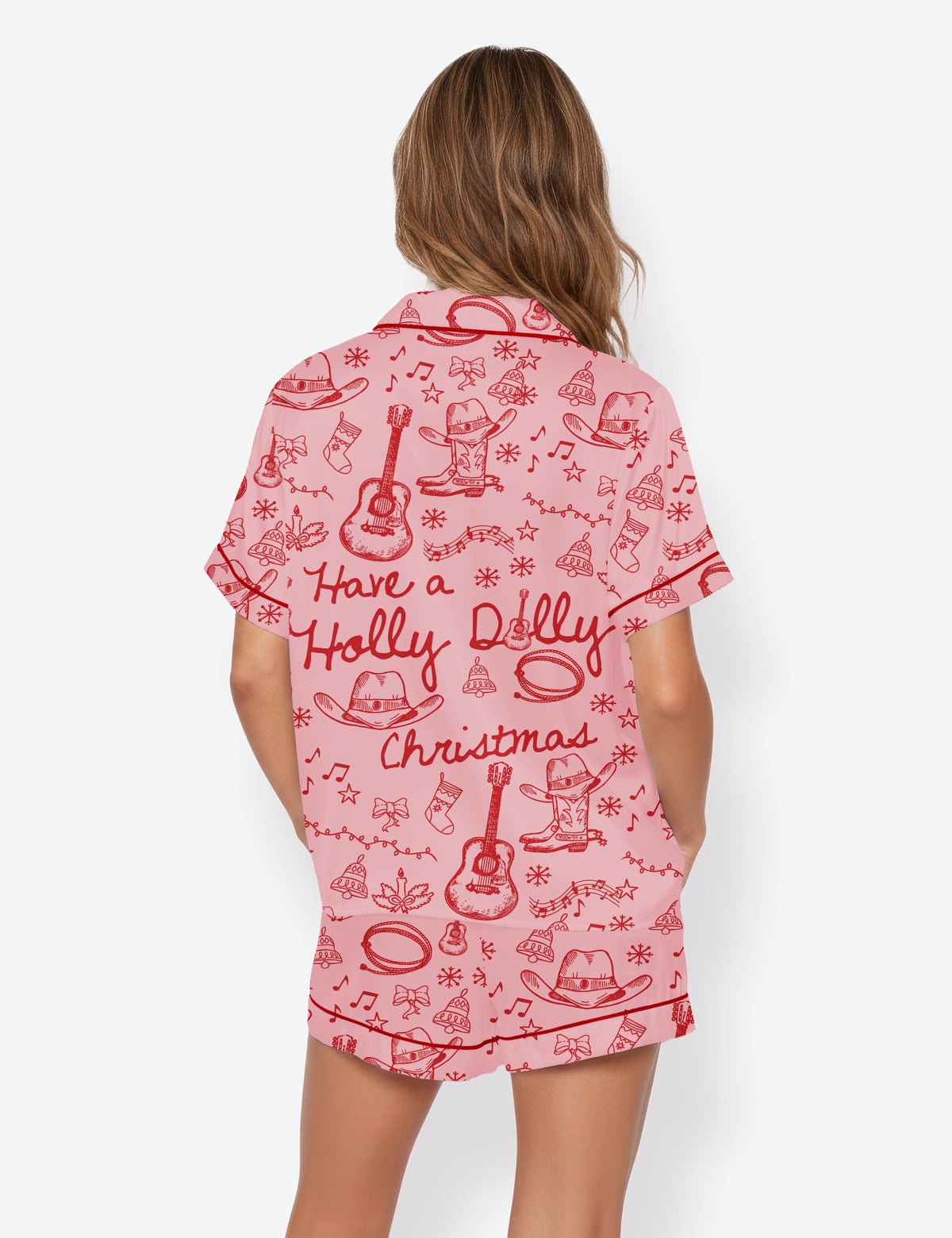 Women's Have A Holly Dolly Christmas Retro Country Music Holiday Short Sleeve Satin Pajama Set