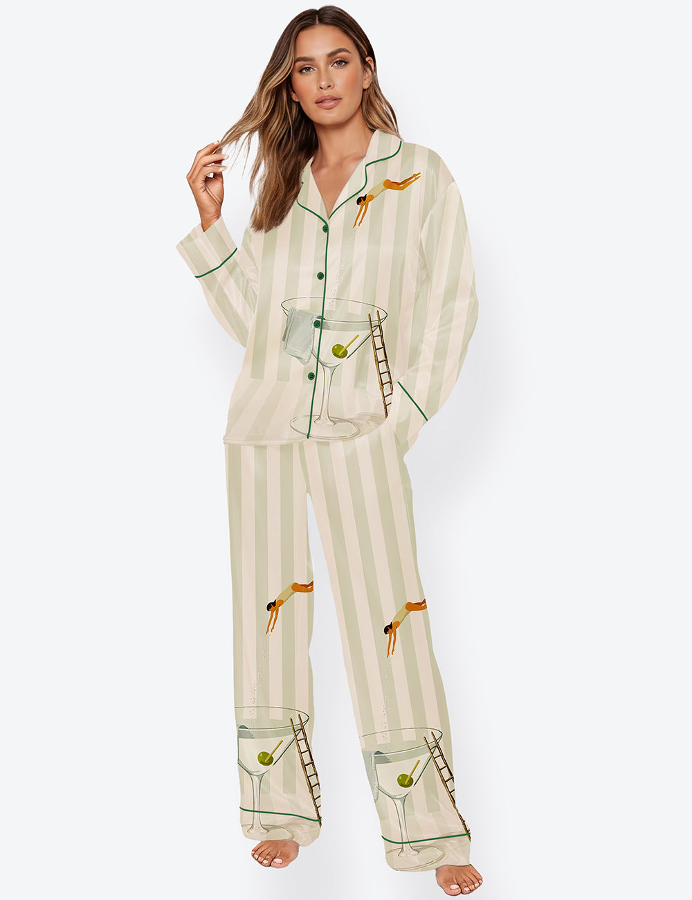 Women’s Martini Diver Modern Cocktail Long Sleeve Satin Pajama Set