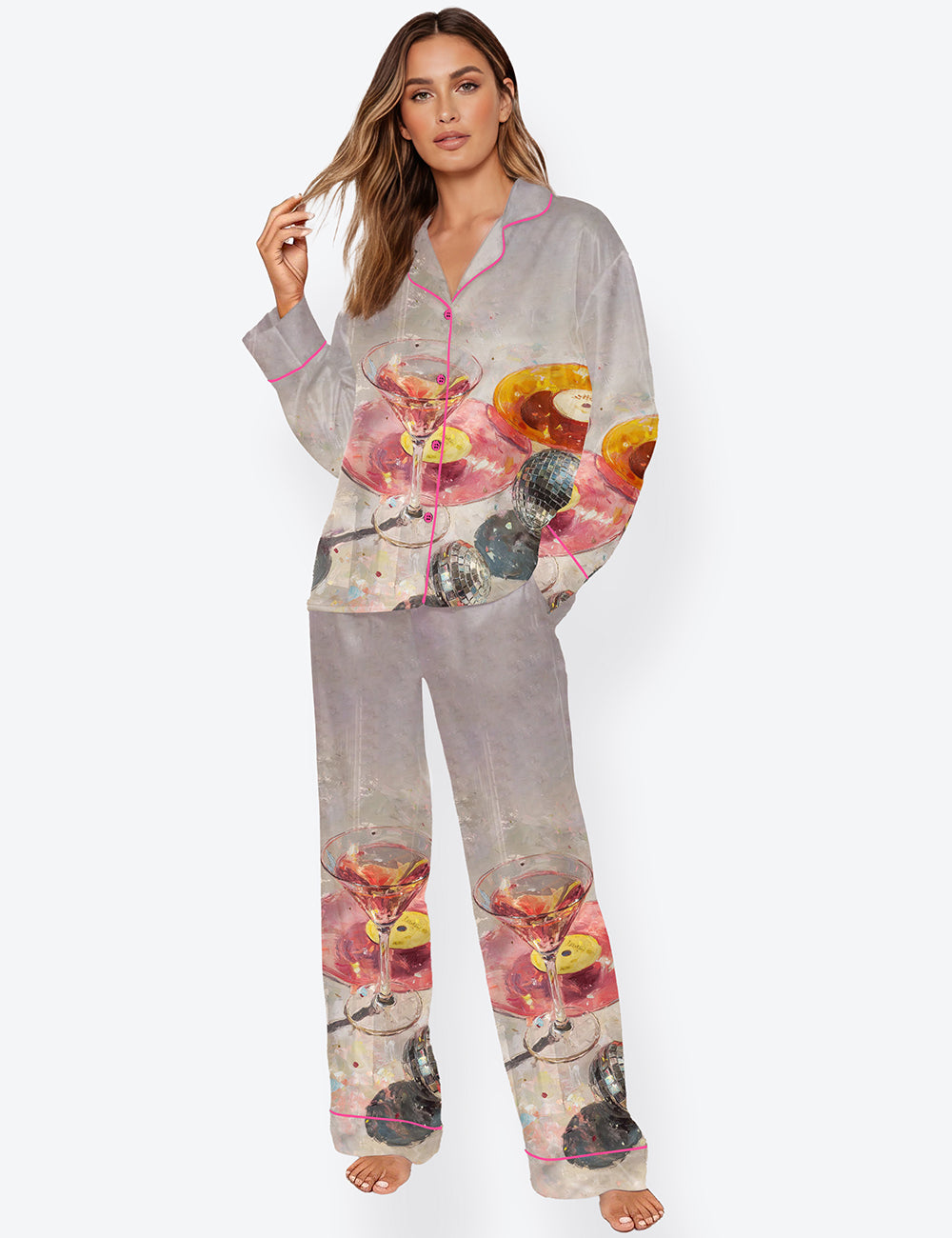 Women’s Martini & Disco Ball Light Pink Long Sleeve Satin Pajama Set