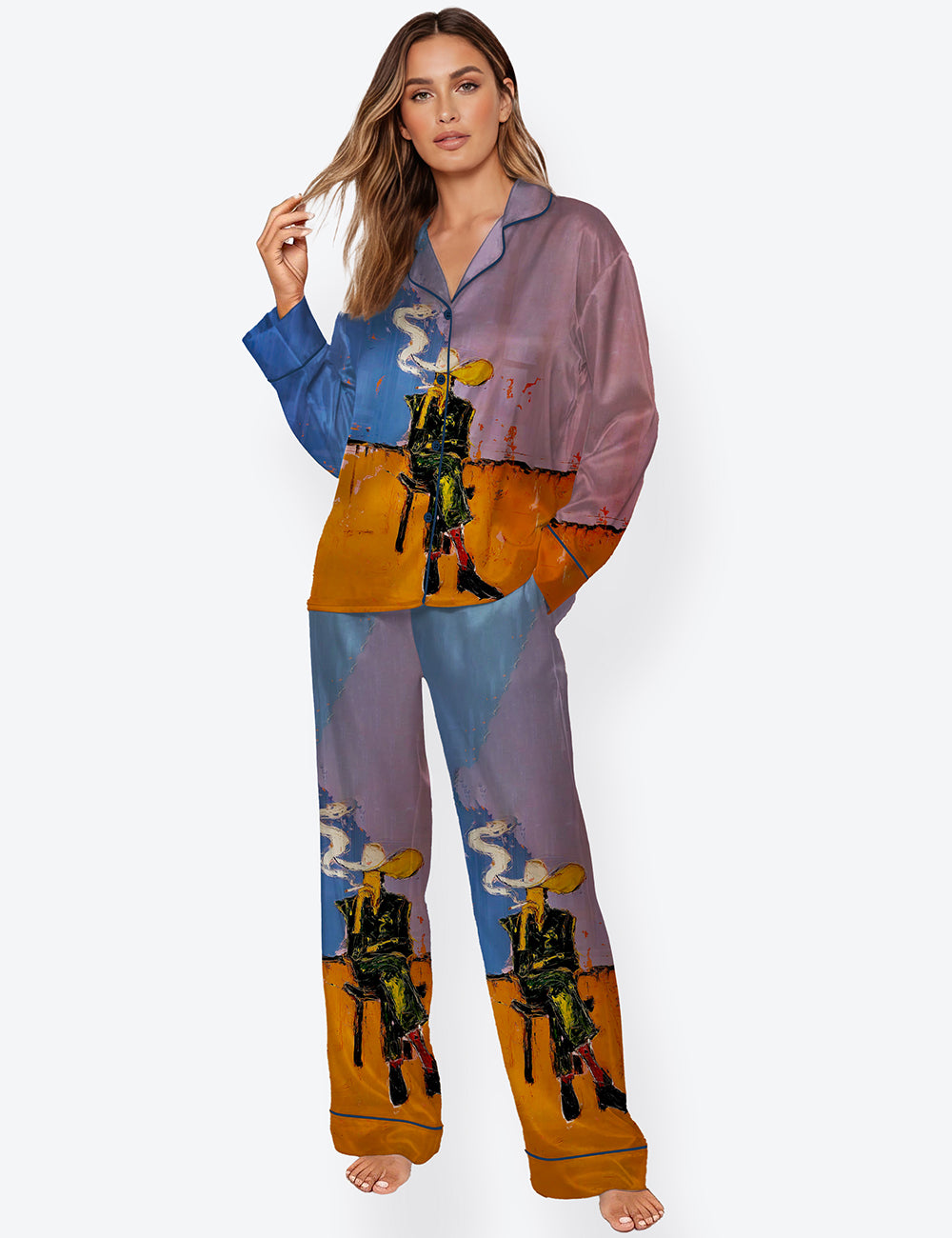 Women’s Cigarette At Dusk Western Abstract Modern Cowboy Long Sleeve Satin Pajama Set