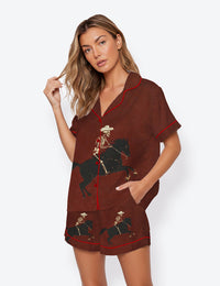 Women’s Skeleton Cowboy Bucking Bronco Western Rodeo Short Sleeve Satin Pajama Set