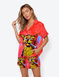 Women’s Smoking Cat Short Sleeve Satin Pajama Set
