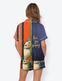 Women’s Are You Pooping Cat Short Sleeve Satin Pajama Set