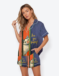 Women’s Are You Pooping Cat Short Sleeve Satin Pajama Set