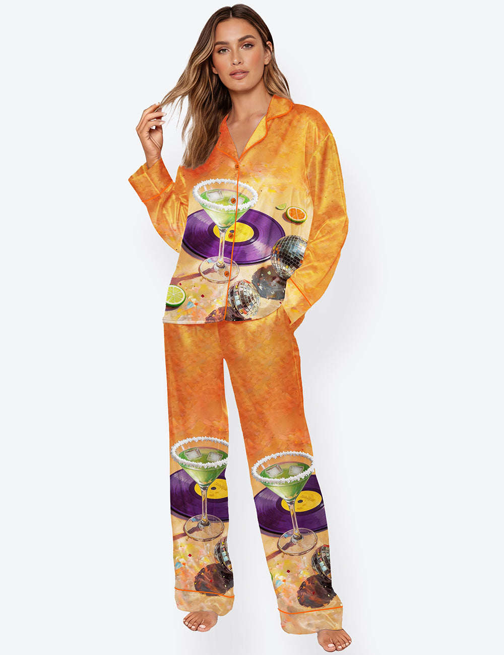 Women’s Martini & Disco Ball Orange Long Sleeve Satin Pajama Set