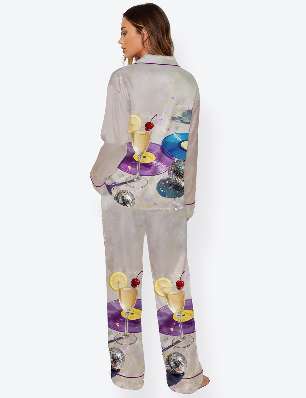 Women’s Champagne & Disco Ball Cocktail Martini Long Sleeve Satin Pajama Set