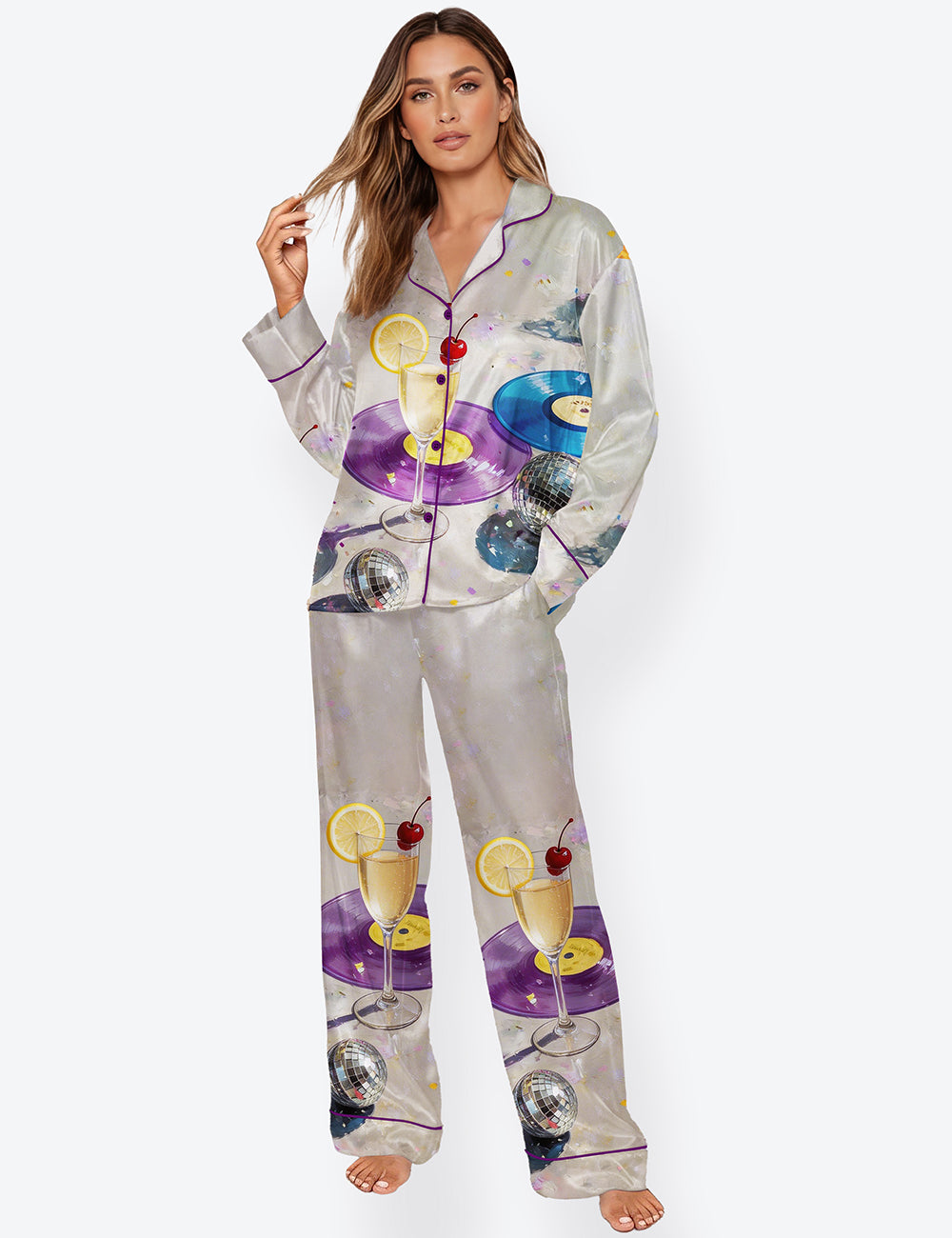 Women’s Champagne & Disco Ball Cocktail Martini Long Sleeve Satin Pajama Set