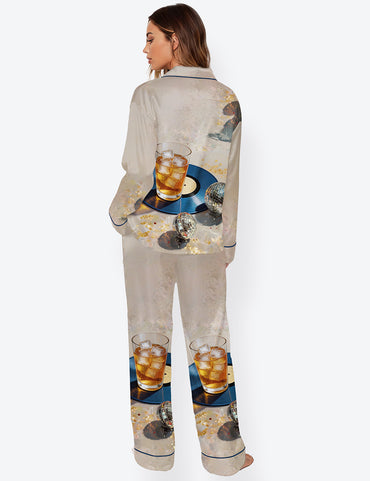 Women’s Cocktail & Disco Ball Whisky Martini Champagne Wine Lover Long Sleeve Satin Pajama Set