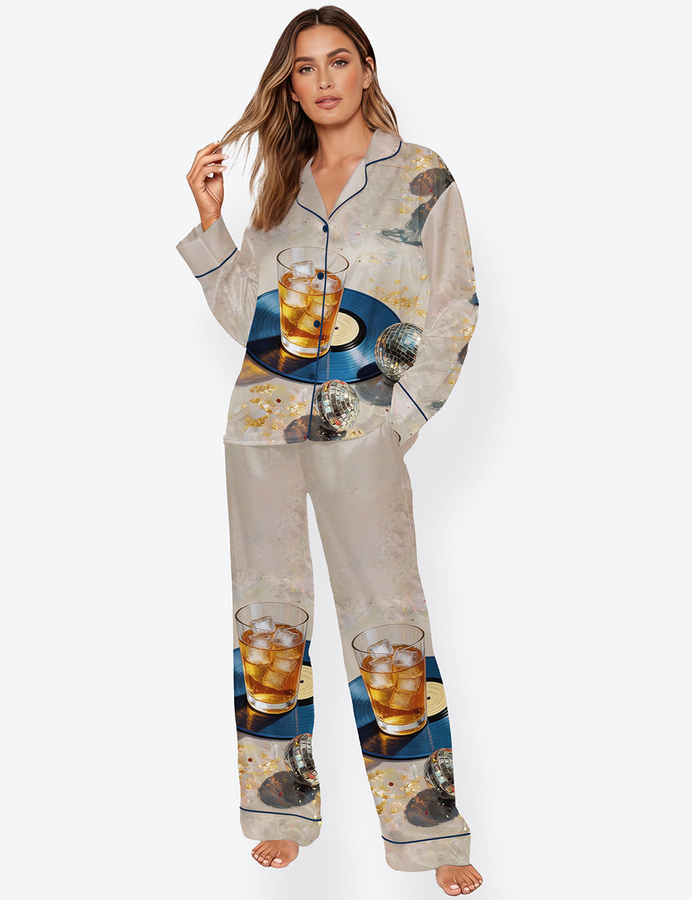 Women’s Cocktail & Disco Ball Whisky Martini Champagne Wine Lover Long Sleeve Satin Pajama Set